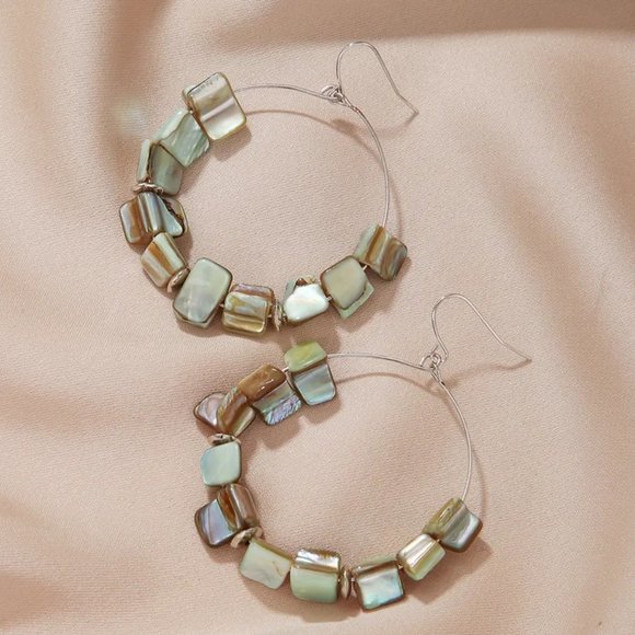 chichigems Jewelry - Bohemian Ivory & Brown Abalone Shell Beaded Dangle Hoop Earrings NEW